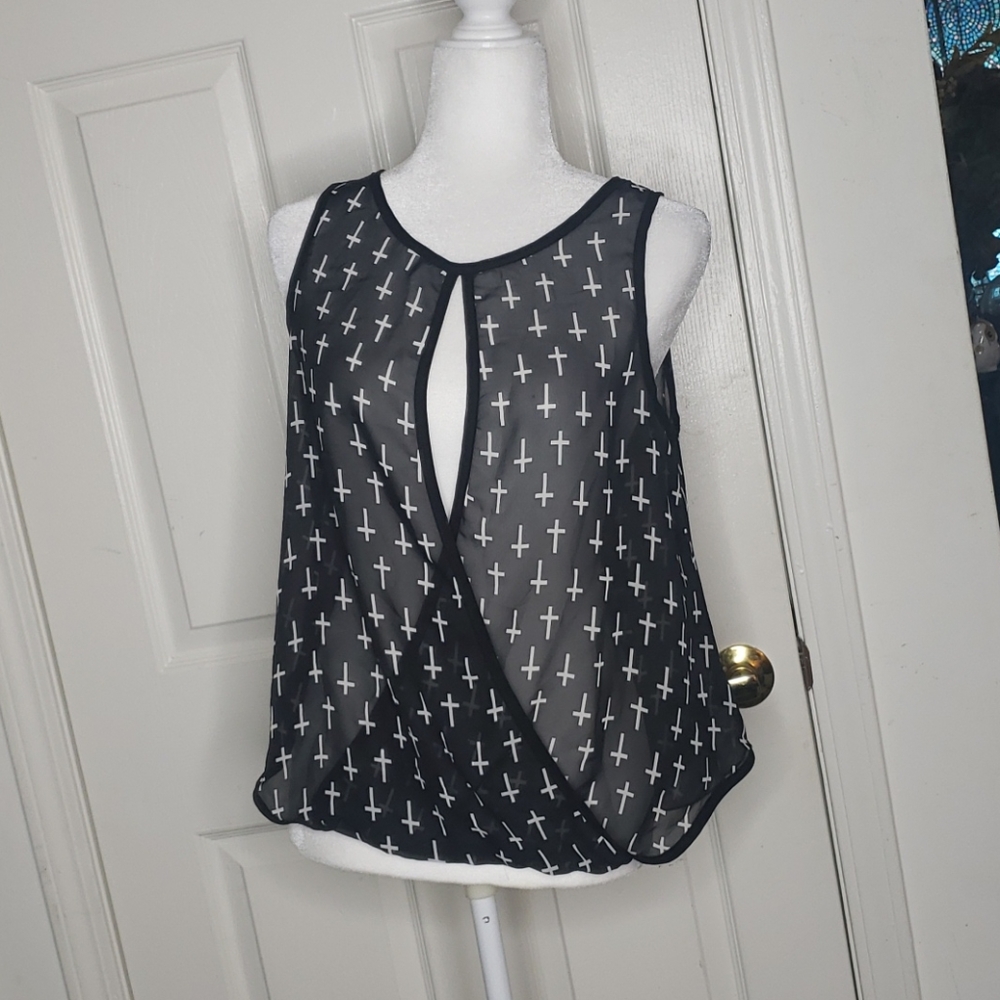 L8ter Upside Down Cross Sheer Overshirt Goth M